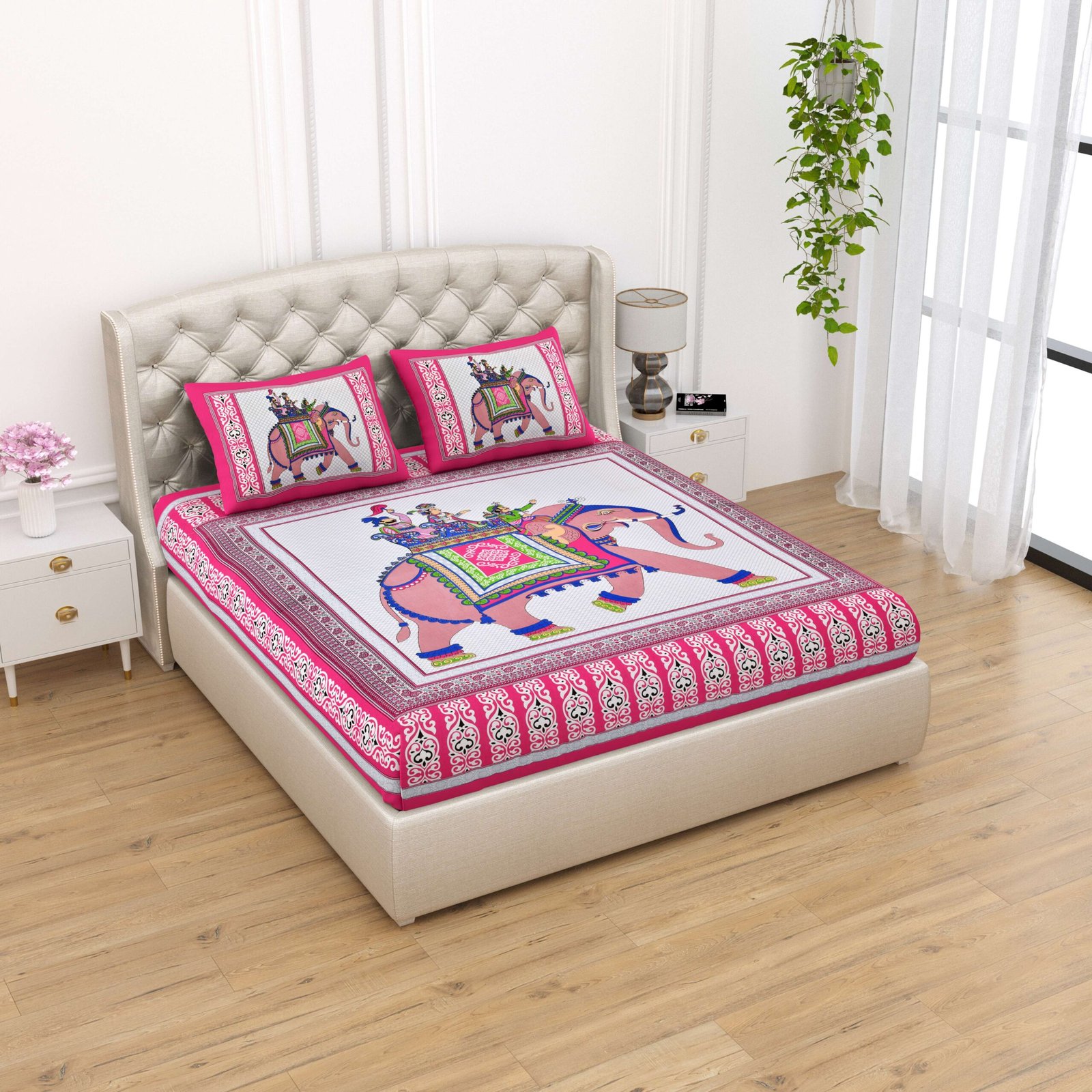Rajasthani Traditionally Printed Cotton Doublebed Bedsheet With Pack of 2 Pillow Covers